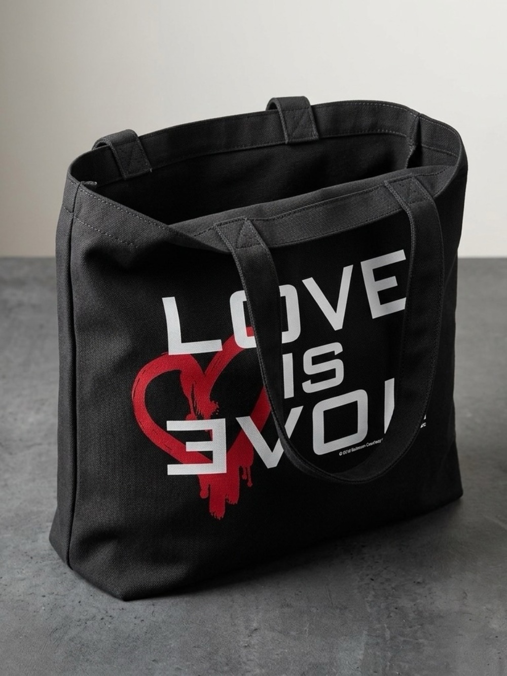 Black Tote Bag with Red Heart Graphic and White Text